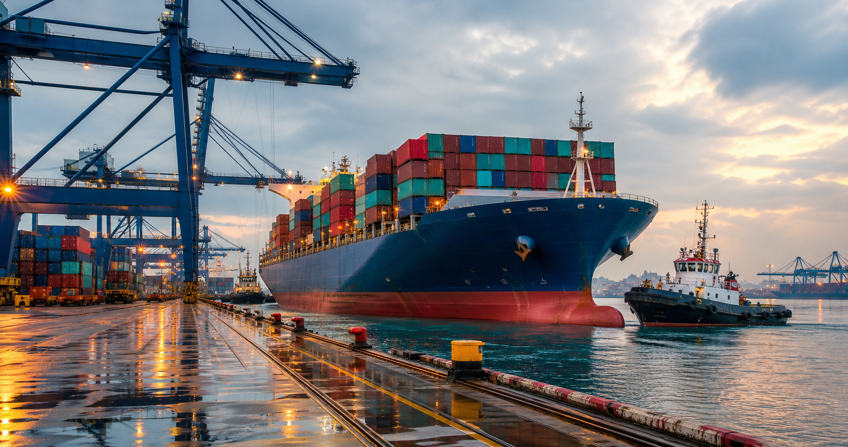Container ship at freight port